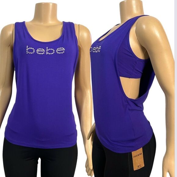 Bebe NWT Rhinestone Bebe logo 2 in 1 tank top and built in bra purple Large - Picture 1 of 5